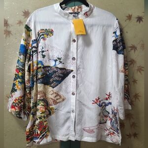 NWT Citron Women's Artistic Asian Style Print Lightweight Button Up Tunic Top